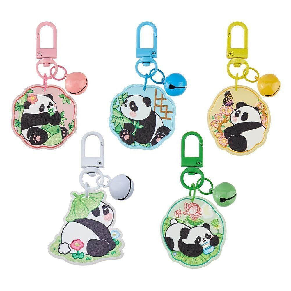 6764 5PCS Cute Panda Keychains with Bell and Alloy Swivel Clasps Cartoon